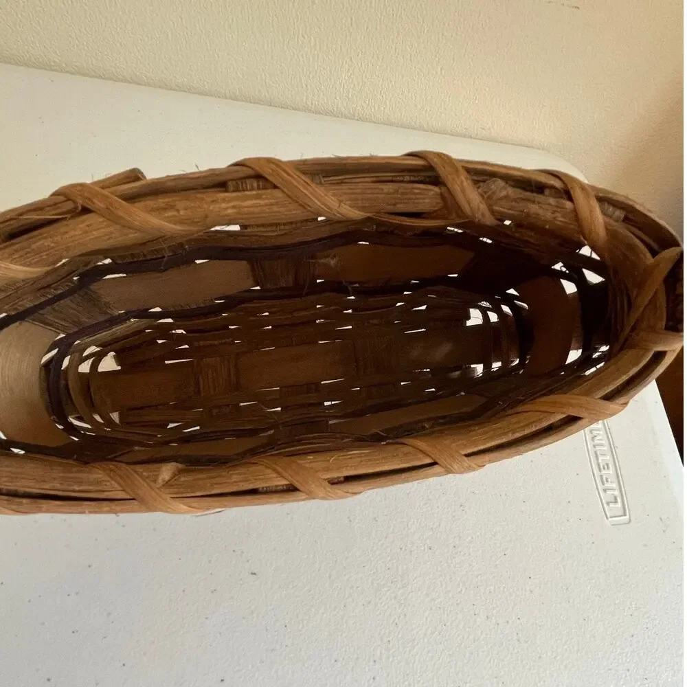 Vintage Brown Woven Bamboo Basket Heart Motif High Handle Cottagecore Folk Art